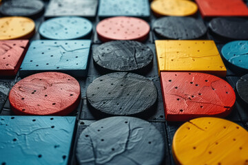 Aufkleber - Abstract geometric design with 3D blocks, circles, and squares crossing over each other,