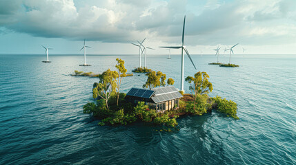 Canvas Print - Sustainable Energy Oasis Wind Turbines and Solar Panels on Floating Island