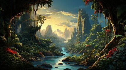 A beautiful, detailed illustration of a tropical rainforest, teeming with exotic wildlife, lush vegetation, and a vibrant, natural environment. Illustration, Minimalism,