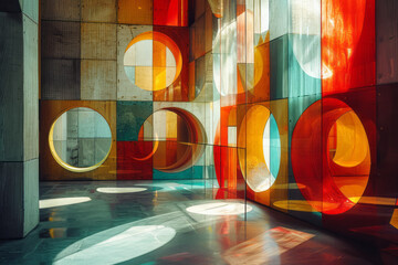 Aufkleber - Abstract composition with intersecting circles, squares, and 3D blocks,