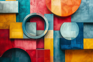 Aufkleber - Abstract design featuring three-dimensional blocks, circles, and intersecting squares,