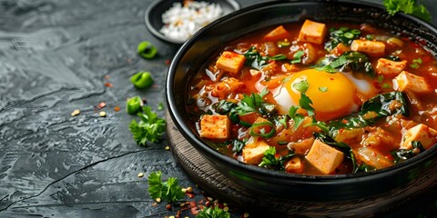 Wall Mural - Spicy Korean stew with kimchi, tofu, and egg Kimchi Jjigae. Concept Are you looking for a recipe or more information about this dish?