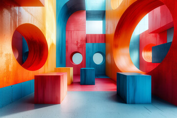 Aufkleber - Intersecting geometric shapes in 3D, including blocks, circles, and squares, in an abstract composition,