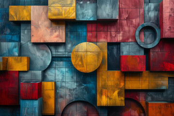 Wall Mural - Abstract geometric art with three-dimensional blocks, circles, and intersecting squares,