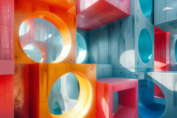 Aufkleber - 3D blocks and circles intersecting with squares in a geometric abstract design,