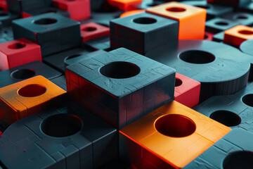 Aufkleber - 3D blocks and circles intersecting with squares in a geometric abstract design,