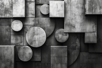 Aufkleber - 3D blocks and circles intersecting with squares in a geometric abstract design,