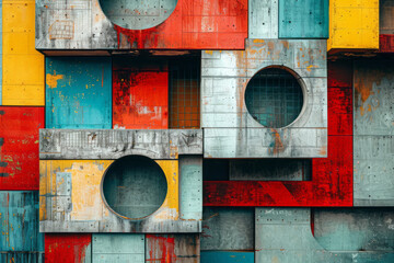 Aufkleber - Geometric abstract design with intersecting squares, three-dimensional blocks, and circles,