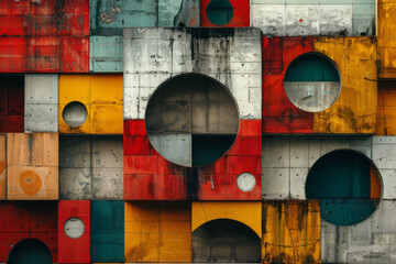 Aufkleber - Geometric abstract design with intersecting squares, three-dimensional blocks, and circles,