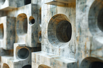 Aufkleber - Three-dimensional abstract art featuring blocks, circles, and intersecting squares,