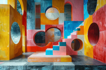 Aufkleber - Three-dimensional abstract art featuring blocks, circles, and intersecting squares,