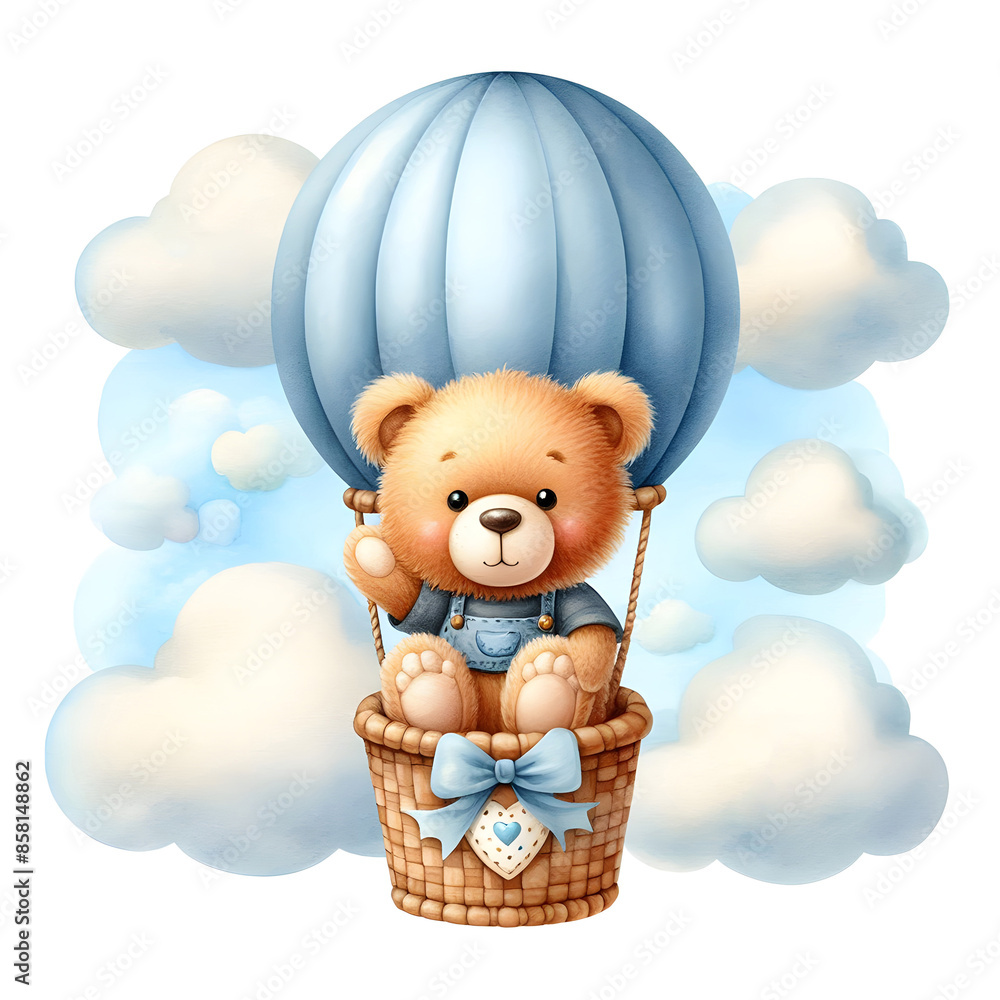 Isolated watercolor illustration of cute teddy bear in a hot air ...