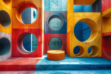Aufkleber - Intersecting geometric shapes, including three-dimensional blocks, circles, and squares, in an abstract composition,