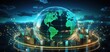© JewJew - a futuristic cityscape with a glowing green globe in the center. The globe is surrounded by tall buildings and a network of glowing lines.