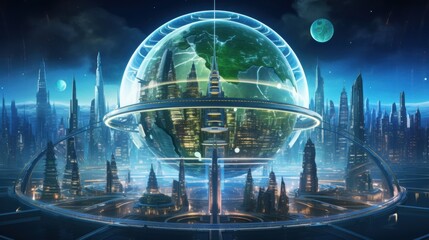 Wall Mural - a futuristic city inside a giant dome with a blue glow.
