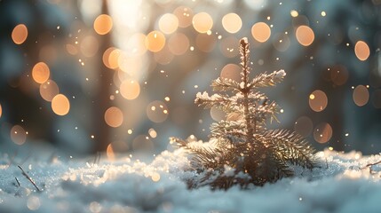 A beautiful background of snow with bokeh lights and a small pine tree in the foreground. perfect for adding text or design elements to create festive Christmas-themed designs.
