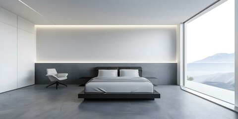 Wall Mural - Contemporary Bedroom Design with Concrete Floor, LED Light Strip, Office Nook, and High-Tech Features. Concept Concrete Floor, LED Lighting, Office Nook, High-Tech Features, Contemporary Design
