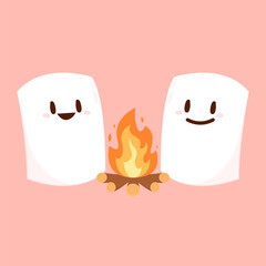 Wall Mural - Marshmallow character. Marshmallow piece on skewer roasting on forest bonfire. bonfire vector. Marshmallow cartoon vector. 