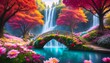 © LEXA - a beautiful paradise land full of flowers, waterfalls and small bridge across pond with giant red fire tress - autumn forest; dramatic landscape