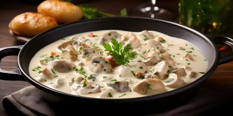 Wall Mural - Classic French veal stew in creamy white sauce known as blanquette de veau. Concept French cuisine, Veal stew, Blanquette de veau, Creamy white sauce, Classic dish