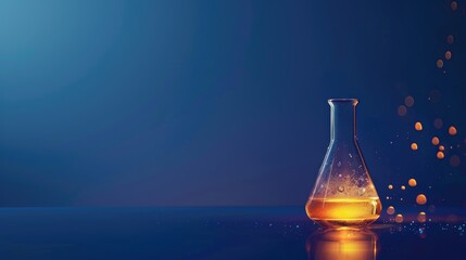 Poster - Luminous liquid in laboratory beaker on dark blue background text space