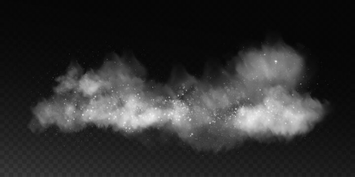 Fantastic smoke background. Magic smoke with glitter and small particles of twinkling stars, fog with glowing particles, gray vapor with stardust. Vector illustration.	