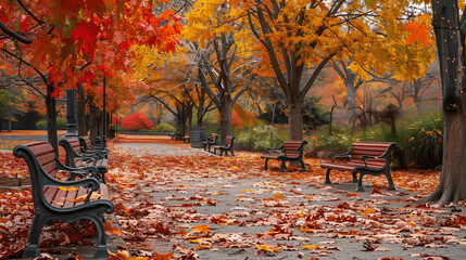 Wall Mural - Park in autumn with benches and leaf-covered path