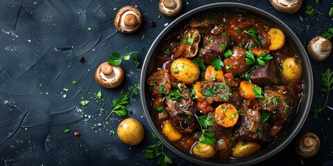 Wall Mural - South African Oxtail Stew with Baby Gold Potatoes, Carrots, and Mushrooms. Concept Oxtail Stew, South African Cuisine, Baby Gold Potatoes, Carrots, Mushrooms, Comfort Food