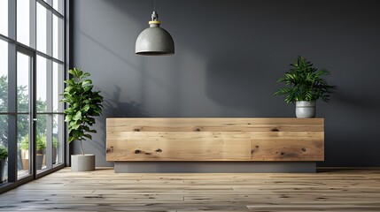 Wall Mural - A modern reception desk with an empty wooden surface, set against gray walls and light wood flooring. perfect as background material or graphic element in architectural designs.