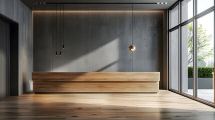 A modern reception desk with an empty wooden surface, set against gray walls and light wood flooring. perfect as background material or graphic element in architectural designs.