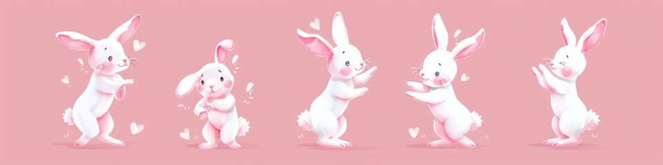 Wall Mural - Banner collection of happy dancing rabbit with different poses on white background.