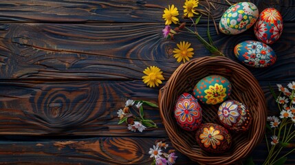 Wall Mural - top view of a full basket of colorful easter eggs on wooden table with flower