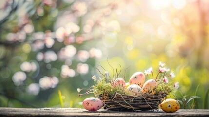 Wall Mural - a full basket of colorful easter eggs on wooden table with flower
