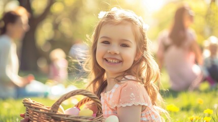 Wall Mural - portrait of a smiling child with basket of easter eggs