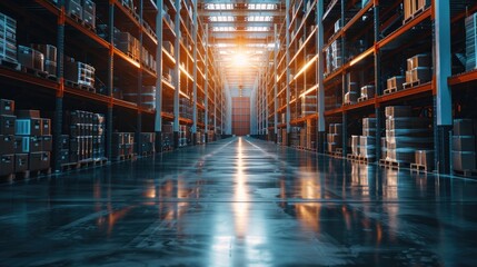 Rows of shelves filled with cargo in a brightly lit, modern warehouse, representing a state-of-the-art logistics shipping center