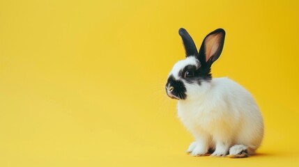 Canvas Print - Cute baby rabbit watching sitting on pastel background with space Playful furry white and black bunny on yellow Easter pet concept