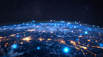 This image shows Earth's network, illuminated by glowing blue digital pathways, symbolizing the interconnectedness of technology and global communication in the modern world.