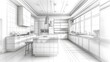 © horizon - An intricate pencil sketch depicting a modern kitchen layout with sleek countertops and state-of-the-art appliances. visualizing home remodeling projects or for use in design presentations.