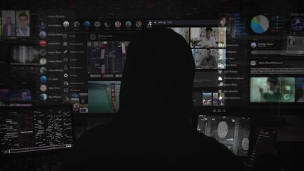 Person Working on Holographic Screen. Several Interfaces and Videos Playing. Augmented Reality, Artificial Intelligence. Hooded Man Typing On Computer. Futuristic Visualization. Social Media. 