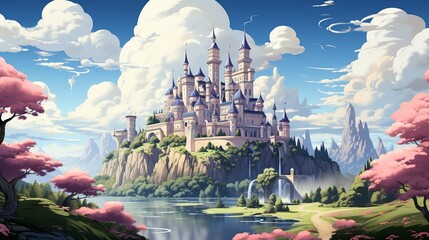 Wall Mural - A whimsical illustration of a fantasy castle in the clouds, with towering spires, magical elements, and a fairy tale ambiance. Illustration, Minimalism,