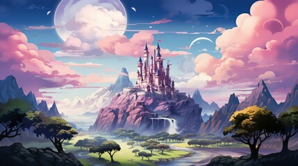 Wall Mural - A whimsical illustration of a fantasy castle in the clouds, with towering spires, magical elements, and a fairy tale ambiance. Illustration, Minimalism,