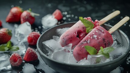 Wall Mural - Homemade berry fruits ice cream on a stick with pieces of ice in a bowl very detailed and realistic shape