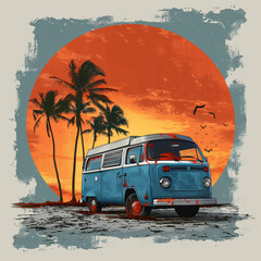 Wall Mural - Artistic vector illustration of vintage retro camper van at beach at sunset in summer