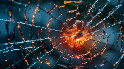 Close-up of a shattered glass pattern forming a circular design with a radiant orange glow at the center, depicting both beauty and damage within a single frame.