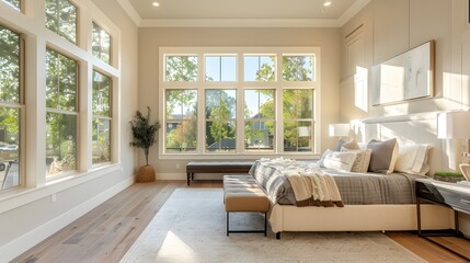Wall Mural - Gorgeous modern farmhouse bedroom with large windows, soft lighting and comfortable furniture in an elegant setting. The room features wood flooring and a natural landscape outside the glass.