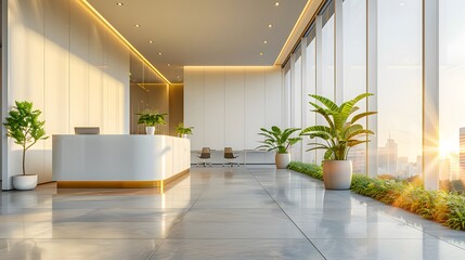 Wall Mural - modern office interior with a white ceiling, large windows and light-colored furniture. bright room 
