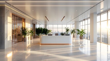 Wall Mural - modern office interior with a white ceiling, large windows and light-colored furniture. bright room 