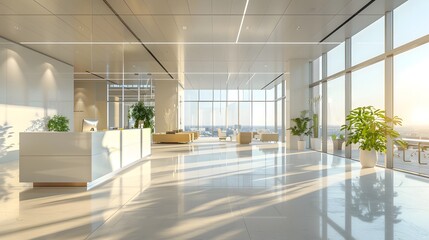 Wall Mural - modern office interior with a white ceiling, large windows and light-colored furniture. bright room 