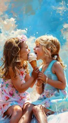 Poster - Two little girls sharing an ice cream cone