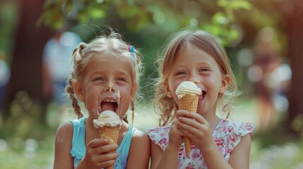 Poster - Two little girls eating ice cream cones in a park